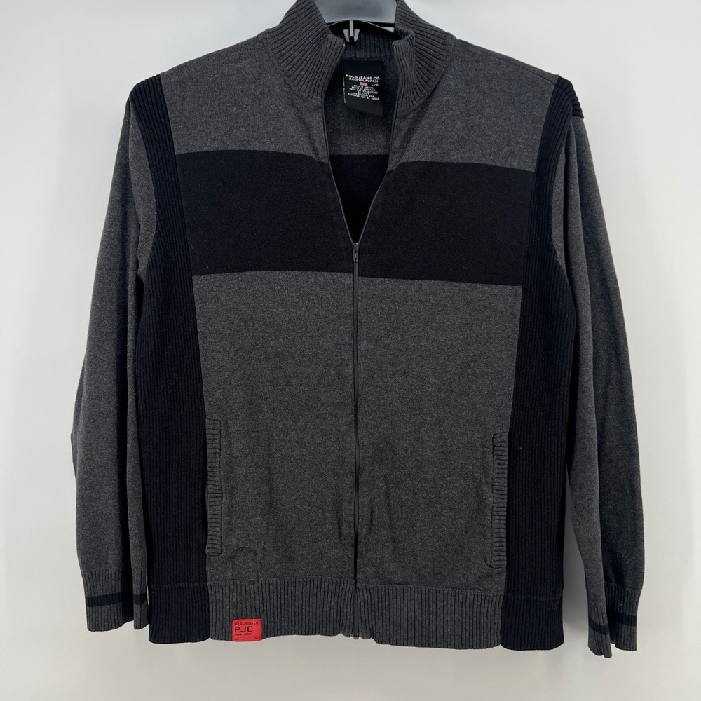 Polo Jeans Co Ralph Lauren Mens Large Grey Black Full Zip Cotton Knit Sweater